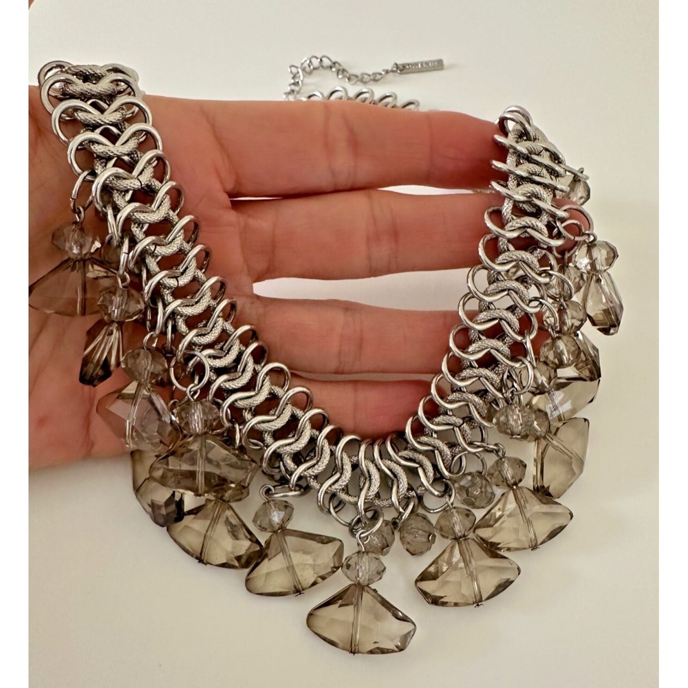 Statement Necklace Collar Silver Gray Beads Dangle Glass Dynamite 16 in
